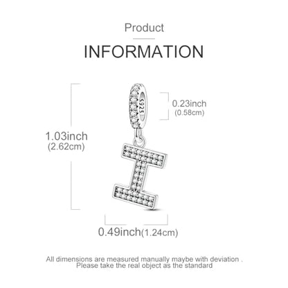 Hapour Letter 925 Sterling Silver Charm with Cubic Zirconia Alphabet A-Z Initial Dangle Charms Beads Pendent DIY Jewelry for Bracelets Necklace - color: I
