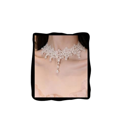 Lace Choker Necklace for Women Tassel Pendant Choker Necklaces Elegant Boho Collar Necklaces Statement Artistic Chain Necklace with Pearl Halloween Party Cosplay Costume Jewelry - color: White Lace Pearl-6