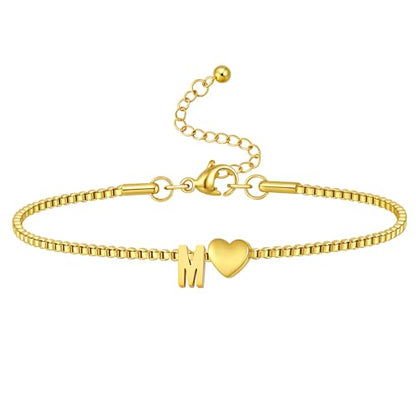 Gold Initial Bracelet for Women Dainty Personalized Name Bracelet | 14K Gold Plated, Letter A-Z Bracelet, Tiny Gold Initial Cute Heart Bracelet Jewelry Gift - color: M