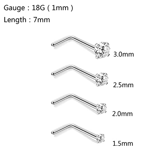 4pcs Grade 23 Titanium Nose Studs 20G/18G Flat/CZ Tiny Nose Rings Hypoallergenic G23 Nostril Piercing Jewelry for Women Men 1.5mm 2mm 2.5mm 3mm Flat Nose Bone Straight/Screws/L Shaped - color: 4pcs L shape CZ(1.5mm 2mm 2.5mm 3mm)