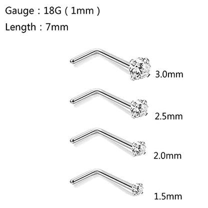 4pcs Grade 23 Titanium Nose Studs 20G/18G Flat/CZ Tiny Nose Rings Hypoallergenic G23 Nostril Piercing Jewelry for Women Men 1.5mm 2mm 2.5mm 3mm Flat Nose Bone Straight/Screws/L Shaped - color: 4pcs L shape CZ(1.5mm 2mm 2.5mm 3mm)