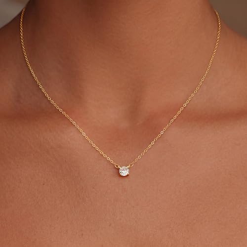 Tewiky Dainty 14k Gold Plated/Silver Cubic Zirconia Necklaces for Women | Simple CZ Jewelry Necklaces Trendy Gifts - color: Gold big CZ