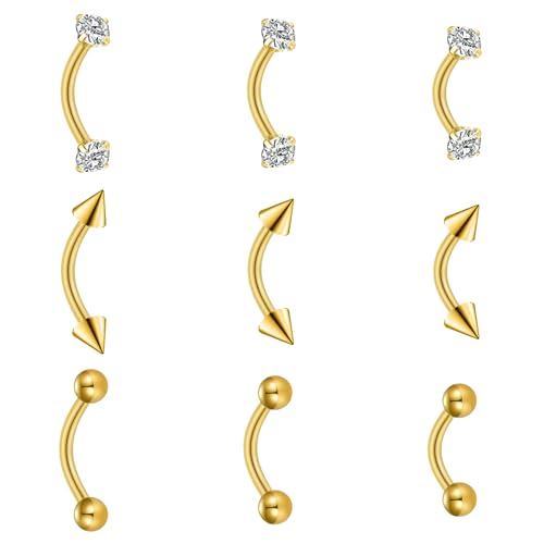FECTAS 9PCS Curved Barbell Piercing Jewelry, 16G Surgical Steel Eyebrow Rook Rings with CZ, Arrow & Ball Ends, 6/8/10mm Lengths - color: golden