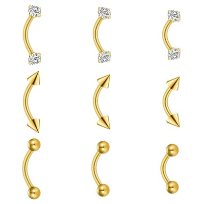 FECTAS 9PCS Curved Barbell Piercing Jewelry, 16G Surgical Steel Eyebrow Rook Rings with CZ, Arrow & Ball Ends, 6/8/10mm Lengths - color: golden