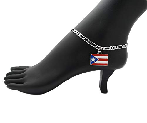 Women's Flag Pendant 5mm 10" Figaro Chain Ankle Bracelet Anklet - style: Puerto Rico/Silver-Tone