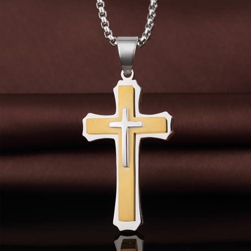 Men's Cross Necklace 316L Stainless Steel Large Heavy Cross Pendant for Men Polished Jewelry Rolo Chain with 22'' 24'' 26'' - color: D-silver and gold-tone, size: 26 inch