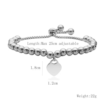 Trendy Heart Beads Bracelets For Elegant Women Adjustable 18K Gold Plated Stainless Steel Jewelry - color: silver heart beads