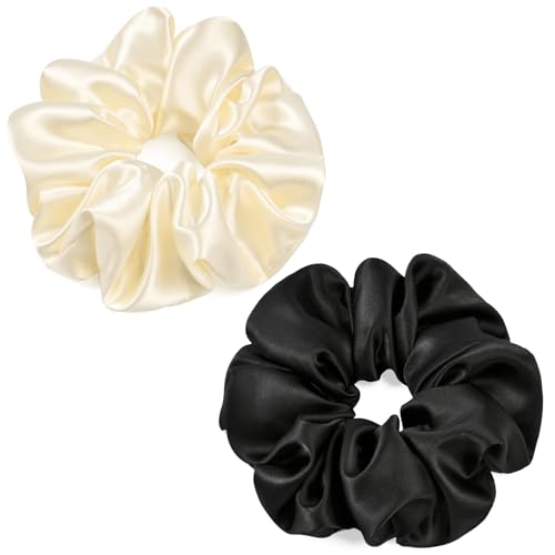 2 PCS Black Beige Jumbo Satin Silky Scrunchies 6.5 Inches Oversized Scrunchie Extra Large Big Hair Ties Ponytail Holder for Thick Curly Hair Women (Black, Beige) - color: Black, Cream