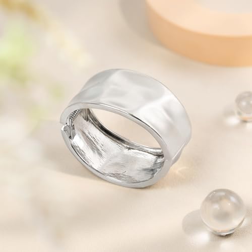 HZMAN Chunky Gold Cuff Bracelets for Women Thick Wide Bangle Bracelet Hammered Open Hinge Wrist Cuff Bracelet Jewelry Gift - color: 01.Hammered Silver