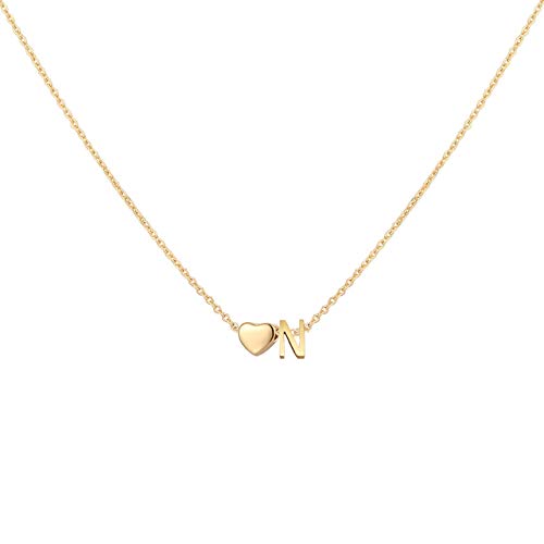 Glimmerst Initial Heart Necklace 18K Gold Plated Stainless Steel Tiny Heart Letter Necklace Personalized Monogram Name Necklace for Women - style: N