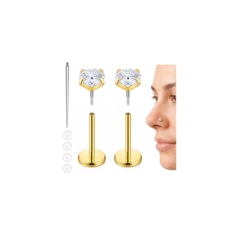 Hypoallergenic Nose Studs Flat Back Screw Ear Studs 18K Gold Plated 316 Stainless Steel, CZ Studs for Nose, Ear, Lip, Vertical Labret Piercing Jewelry, 2-5mm CZ 6-8mm Post with 1 Taper,4 Silicone Pads - color: Gold, size: 3mm