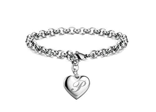 Monily Birthday Gifts for Women Initial Charm Bracelets for Women Letters Alphabet Heart Bracelet for Women - color: P: Heart