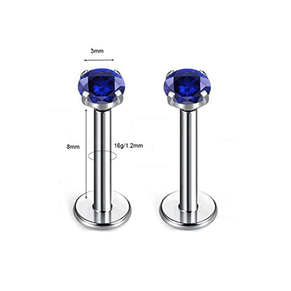 BelezaDosas G23 Titanium Labret Studs Threadless 16G Lip Rook Lobe Tragus Helix Cartilage Push Back Earring Piercing Jewelry - style: 1 pair Sapphire Blue