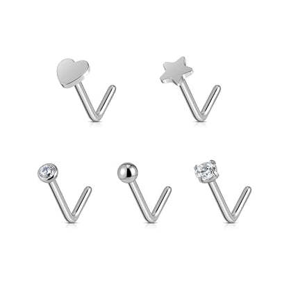 ASTM F136 Titanium Nose Studs Set - 5PCS 20G Nose Nostril Body Jewelry, Pin Piercing Kit Jewelry Gift, Hypoallergenic Nickel Free(L-shaped - Silver)