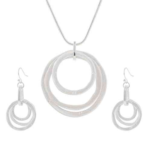 3 Circles Silver Hoop Earrings Necklace Set for Women Geometric Jewelry Set | 925 Silver Hypoallergenic Small Hoop Circle Geometry Textured Finish Minimalist Style Comfortable Wear - style: Silver Hammered Hoop