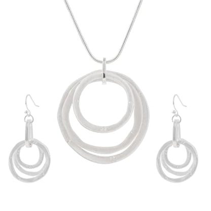 3 Circles Silver Hoop Earrings Necklace Set for Women Geometric Jewelry Set | 925 Silver Hypoallergenic Small Hoop Circle Geometry Textured Finish Minimalist Style Comfortable Wear - style: Silver Hammered Hoop