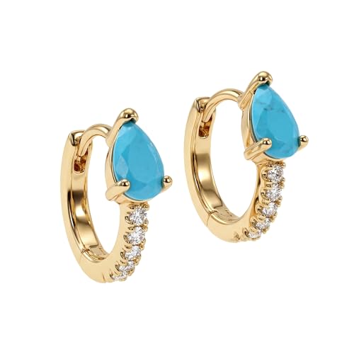 Dremmy Studios Dainty CZ Huggie Hoop Earrings 14K Gold Plated Chunky Simple Cute Thick Round Frill Bead Ball Starburst Cuff Earrings Cubic Zirconia Hoop Earrings Minimalist Personalized Gift for Her - color: A-CZ Turquoise