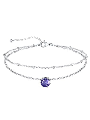 U7 Silver Ankle Bracelet for Women, Waterproof Layered Ankle Round Gem Birthstone Anklets, Summer Beach Foot Jewelry, Adjustable 8.5"-10.5" - color: 02.February-Amethyst Purple