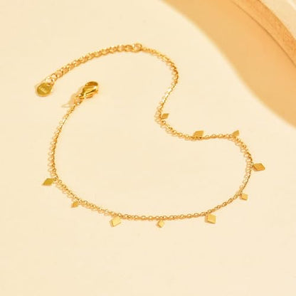 18K Gold Plated Ankle Bracelets for Women Stainless Steel Anklet with Star Cross Disc Coin Teardrop Charms Waterproof Thin Chain Ankle Jewelry Gift for Her - style: Rhombus-Gold