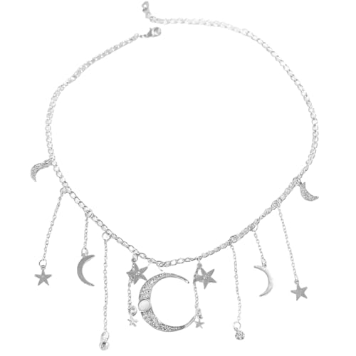 Moon Star Waist Chain for Women Gold/Silver Plated Metal Tassel Waist Chain Women Adjustable Bohemia Body Link Belts Body Belly Jewelry for Jeans Dresses - color: Silver