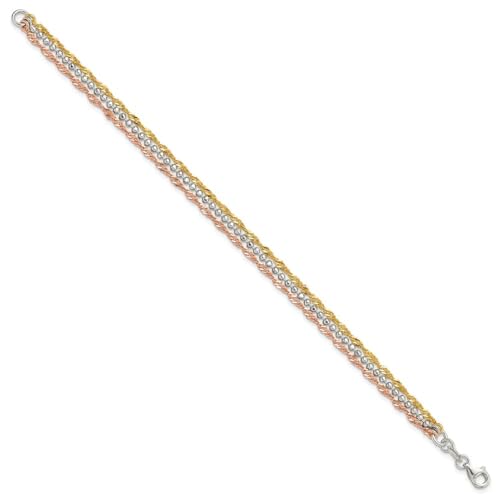 Sterling Silver Gold-tone and Rose Tone 3 Strand Bracelet 7.5"