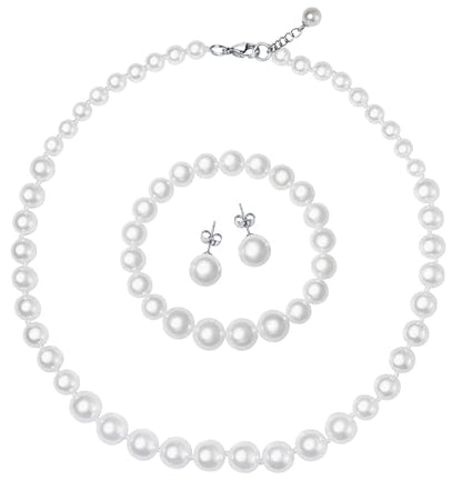 Faux Pearl Jewelry Set for Women, 3 Piece Necklace Bracelet Earrings | Glass Material, Adjustable Comfortable Fit, Party & Prom Accessory - style: White 16 inches