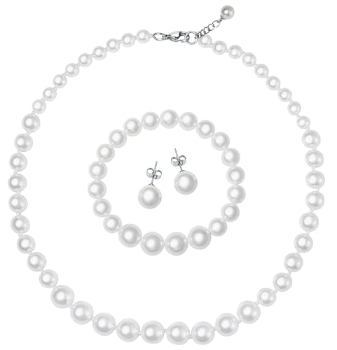 Faux Pearl Jewelry Set for Women, 3 Piece Necklace Bracelet Earrings | Glass Material, Adjustable Comfortable Fit, Party & Prom Accessory - style: White 18 inches