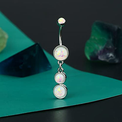 Cute Dangly Opal Belly Button Rings 14g 316L Stainless Steel Dangle Navel Rings for Women Belly Button Piercing Dangling Navel Bar - color: White Opal