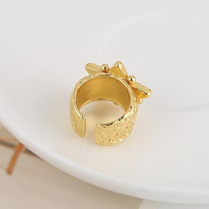 HZMAN 14K Gold Plated Open Ring for Women Brass Crystal Non Adjustable Statement Ring Collection - color: Star Mother of Pearl