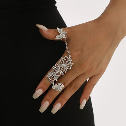 Rhinestone Finger Ring for Women Sparkly Crystal Butterfly Flower Leaf Adjustable Statement Chain Rings Punk Jewelry - color: Silver