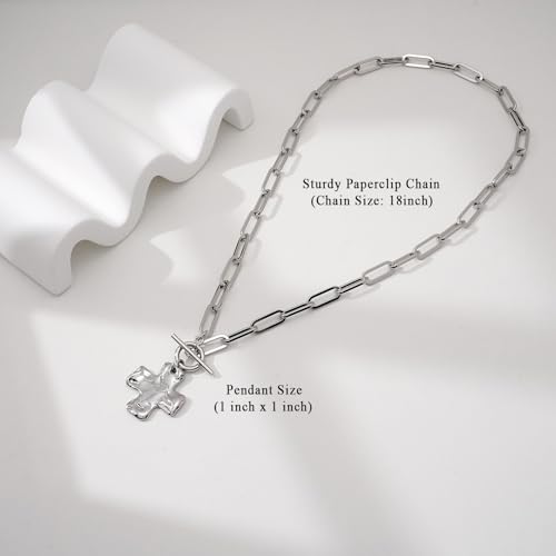 Bheop Chunky Cross Necklace for Women, 14K Gold Silver Statement Necklace | Sturdy Paperclip Chain, Hammered Pendant, Vintage Charm, Trendy Costume Jewelry, Faith Christian Religious Gift, Non Tarnish - style: SL-Toggle Necklace（1 inch Pendant）
