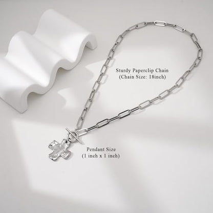Bheop Chunky Cross Necklace for Women, 14K Gold Silver Statement Necklace | Sturdy Paperclip Chain, Hammered Pendant, Vintage Charm, Trendy Costume Jewelry, Faith Christian Religious Gift, Non Tarnish - style: SL-Toggle Necklace（1 inch Pendant）