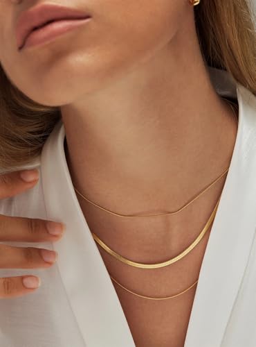 CONRAN KREMIX Waterproof Gold Necklace Layered Necklaces for Women Non Tarnish,14k Gold Plated Stainless Steel Dainty Stack Thin Chain Necklace Set for Women Gifts Jewelry - color: Gold-01