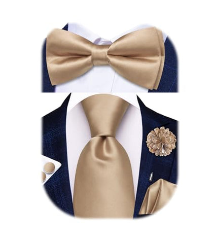 Hi-Tie 5Pcs Mens Solid Color Silk Tie Satin Pretied Bowtie Lapel Pin for Men Handkerchief Cufflink Wedding Gift Box - color: Beige