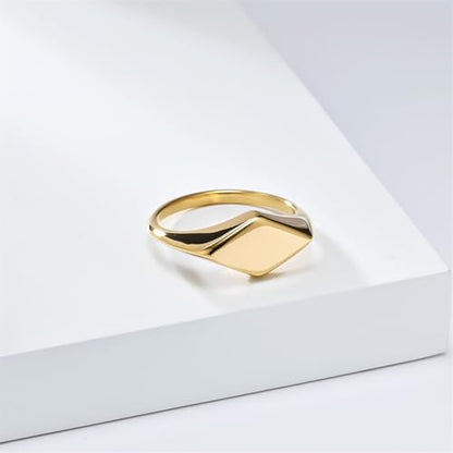 Minimalist Stainless Steel Signet Ring Polished Geometric Flat Top Band Simple Statement Ring for Women and Men - color: Gold