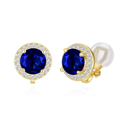 YOQUCOL 8MM Cubic Zirconia Crystal Clip On Stud Earrings Round Non Pierced Earrings for Women - color: Gold-Blue