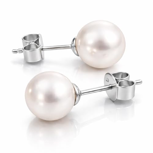 AAA+ Real Freshwater Pearl Stud Earrings, Sterling Silver Hypoallergenic | Hand-Matched White Round Pearls, 925 Silver Posts & Backs, Smooth High-Luster Surface, Soule Pearl Gift Box - color: Rhodium Plated, size: 8.0-8.5mm
