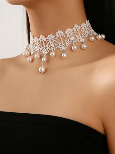 Lace Choker Necklace for Women Tassel Pendant Choker Necklaces Elegant Boho Collar Necklaces Statement Artistic Chain Necklace with Pearl Halloween Party Cosplay Costume Jewelry - color: White Lace Pearl-5