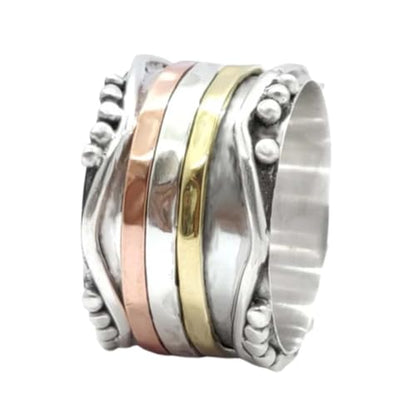 925 Sterling Silver 3 Tone Spinner Band Ring, Hammered Spin Yoga Ring, Spinning Dainty Ring, Unique Handmade Wedding Gifts Ring For Women