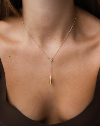 CHESKY Lariat Gold Necklace for Women, Dainty Long Necklace 14k Gold Plated Y-Shaped Pendant Necklace Trendy Layered CZ Beaded Chain Drop Necklaces Simple Gold Jewelry for Women Gifts - color: 3