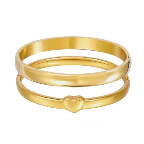 Stainless Steel Gold Bracelet Plain Polished Finish Oval Bangle Chinky Thick Bracelets for Women Love Heart Shape Charms Pendnat Bracelet Cuff Gifts for Her