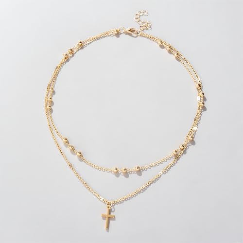 Alegend Dainty 14K Gold Double - Layer Cross Necklace for Casual & Formal - style: 14K Gold Beads+ Cross