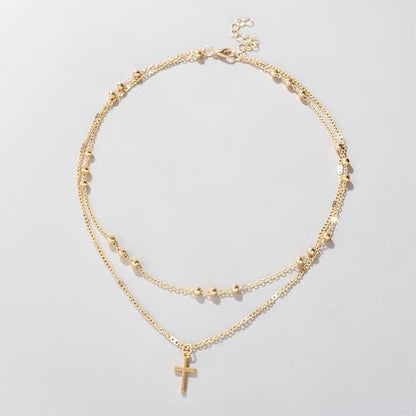 Alegend Dainty 14K Gold Double - Layer Cross Necklace for Casual & Formal - style: 14K Gold Beads+ Cross