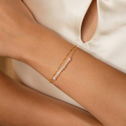 SLOONG 14K Gold Plated Pearl Bracelets for Women Trendy | Dainty Stackable Layered Chain Bridesmaid Bracelets, Waterproof Wedding Jewelry for Women Adjustable 6"+2" - color: Style2(Pearl)