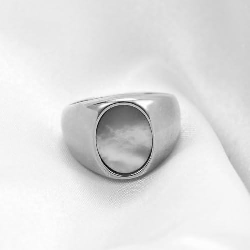 MYNENEY Stainless Steel Round Statement Pinky Signet Rings for Men Women - color: Silver+White