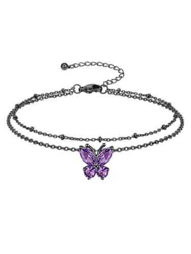Richsteel Double Layer Heart/Butterfly Birthstone Anklet for Women | Non Tarnish Waterproof, Silver/Gold/Black Stainless Steel 8.5-10.5 Inch Adjustable Chain Anklets Summer Beach Foot Jewelry - color: Black Butterfly-02 Feb.(Amethyst)