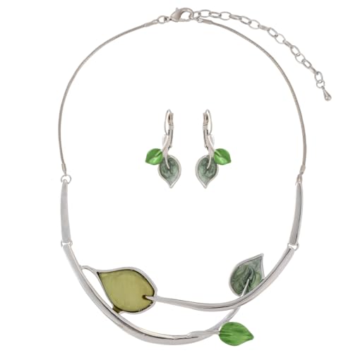 Chunky Statement Jewelry Set Vintage Retro Leaf Flower Floral Geometric Bohemian Boho Bib Necklace Earring Set Fashion Costume Jewelry for Women Girls Wedding Party Prom Unique Gift - style: 3 leaves jewelry set-green