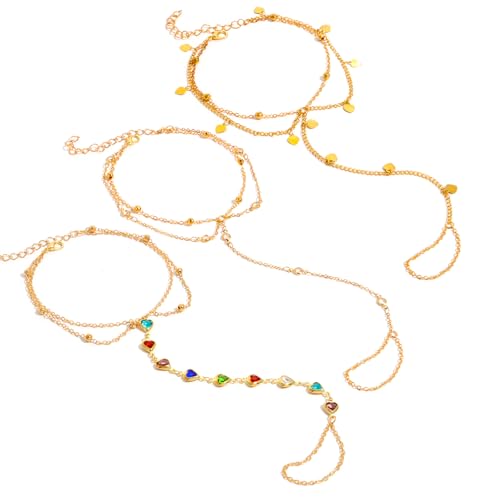 Golden-Tone Link Chain Anklet and Toe Ring Jewelry set for women | Adjustable Link Chain Anklets Jewelry set Colorful Crystal Charms, Star and Heart Accents Summer Beach Boho Foot Jewelry - color: Golden