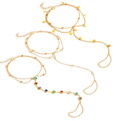 Golden-Tone Link Chain Anklet and Toe Ring Jewelry set for women | Adjustable Link Chain Anklets Jewelry set Colorful Crystal Charms, Star and Heart Accents Summer Beach Boho Foot Jewelry - color: Golden