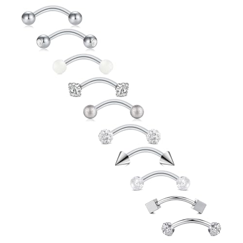 FECTAS 10PCS Eyebrow Rook Piercing Jewelry 16G Earrings Vertical Labret Lip Jewelry Curved Barbell Eyebrow Rings Tiny Small Belly Rings Ear Rook Helix Conch Daith Piercing Jewelry - color: silver